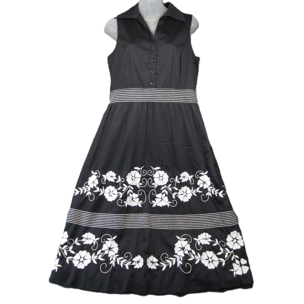 Coldwater Creek Black Sleeveless Midi Dress with White Floral Bands